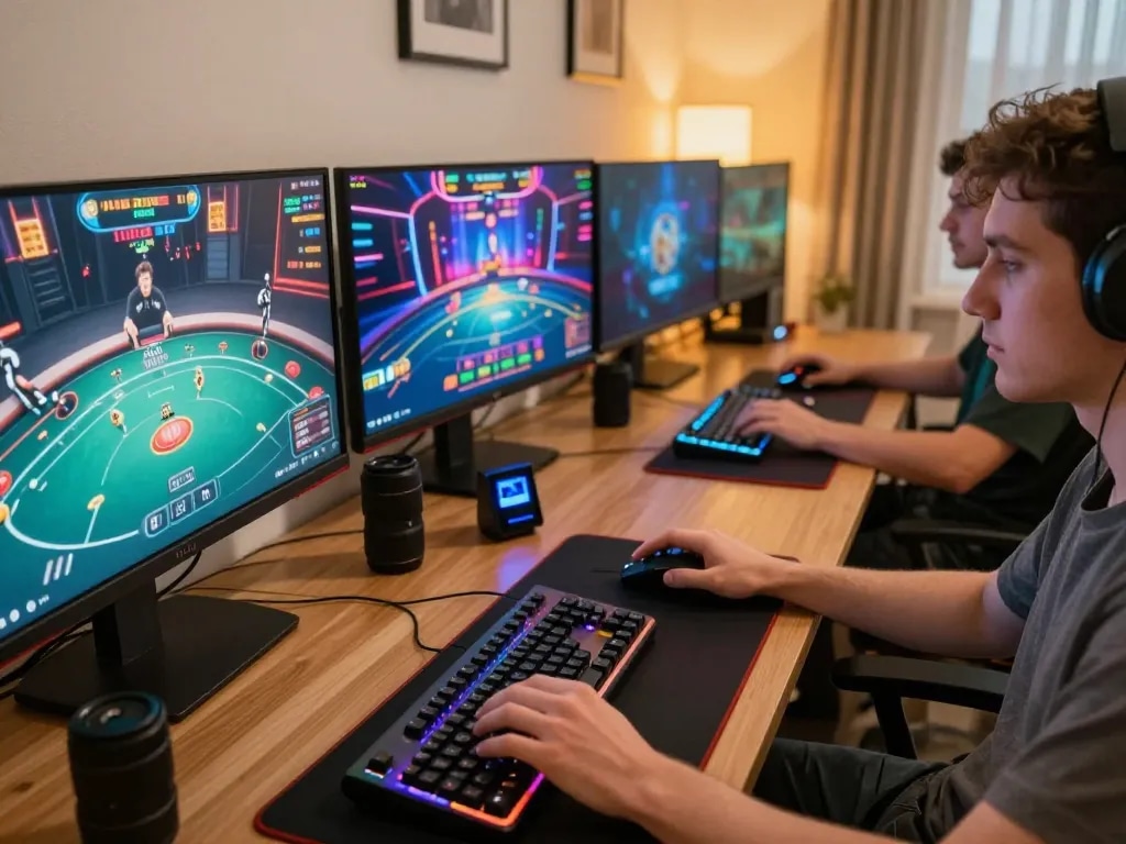 Hitclub player enjoying online gaming strategies at a vibrant home setup