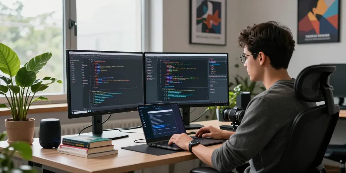 Developer utilizing moltbot in a modern workspace with dual monitors and coding tools.
