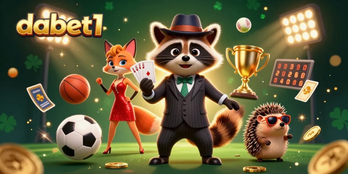 Engage with dabet1's casino excitement featuring a raccoon and fox betting on sports