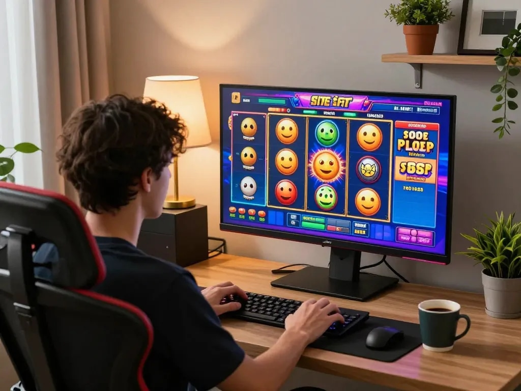 Engaging gameplay on situs slot games in a stylish home office environment.