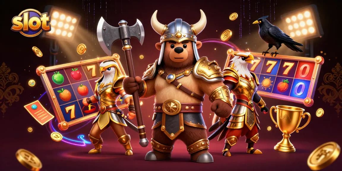 Spin and win with vibrant slot reels and characters in an action-packed casino scene.
