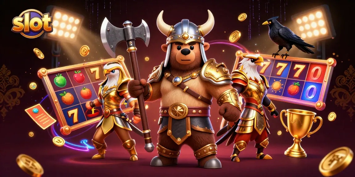 Spin and win with vibrant slot reels and characters in an action-packed casino scene.