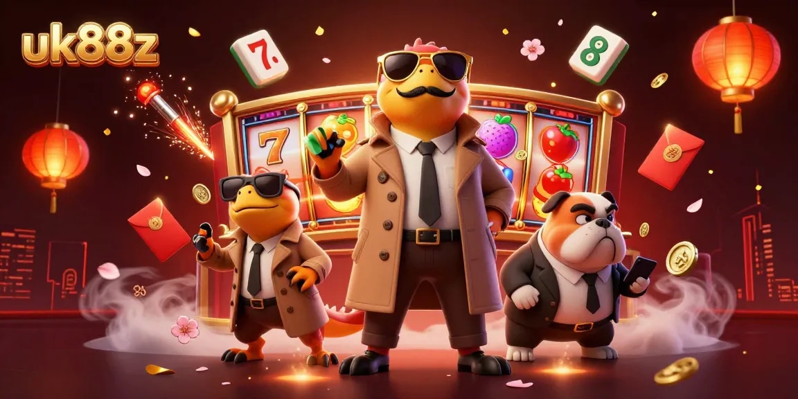 uk88z players spin slot reels with raptors in trench coat while bouncer guards the VIP lounge