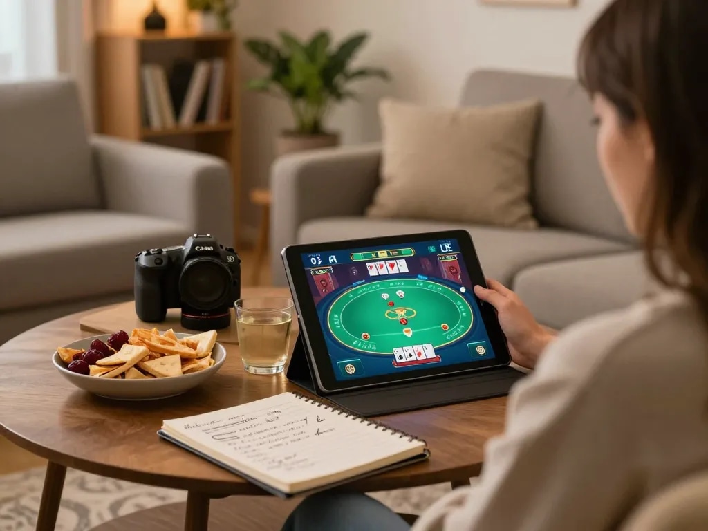 Engaging in online poker gameplay at home, enjoying the 789club experience with a cozy setup