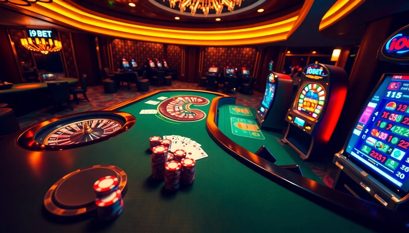Experience the thrilling excitement of i9bet casino with poker chips and vibrant gaming tables.