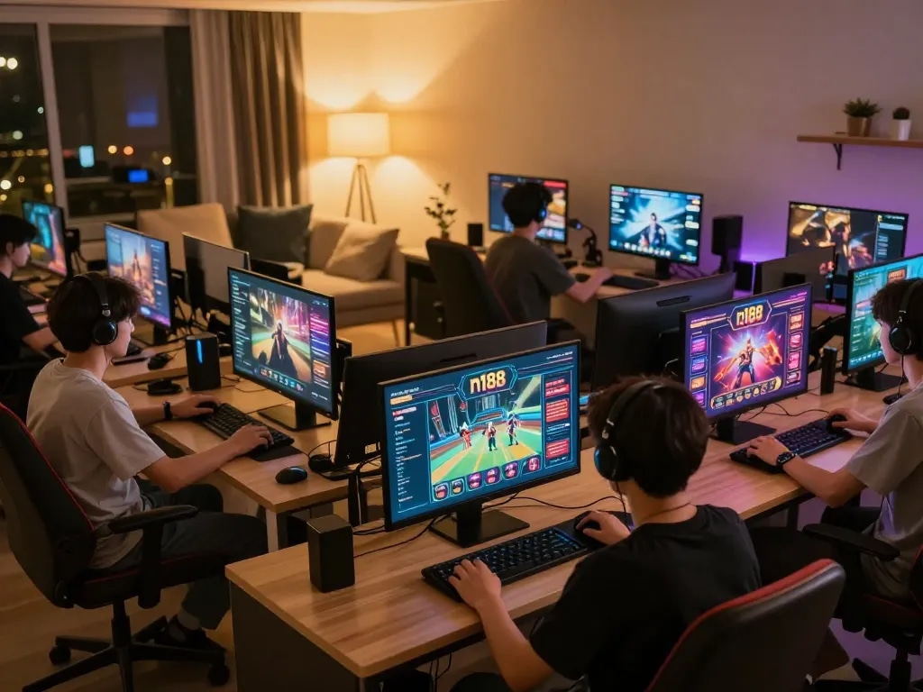 Players engaging on n188 platform, showcasing vibrant online casino games in a cozy setting.