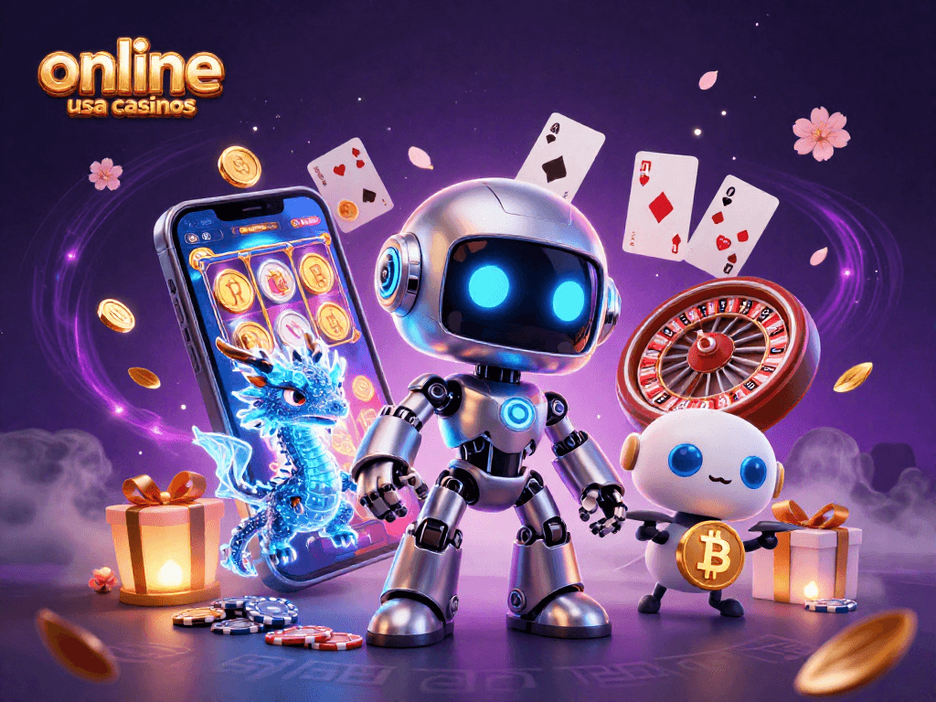 Engage with online usa casinos featuring a dynamic 3D scene of a cyberpunk robot and AI partners among vibrant gaming elements.