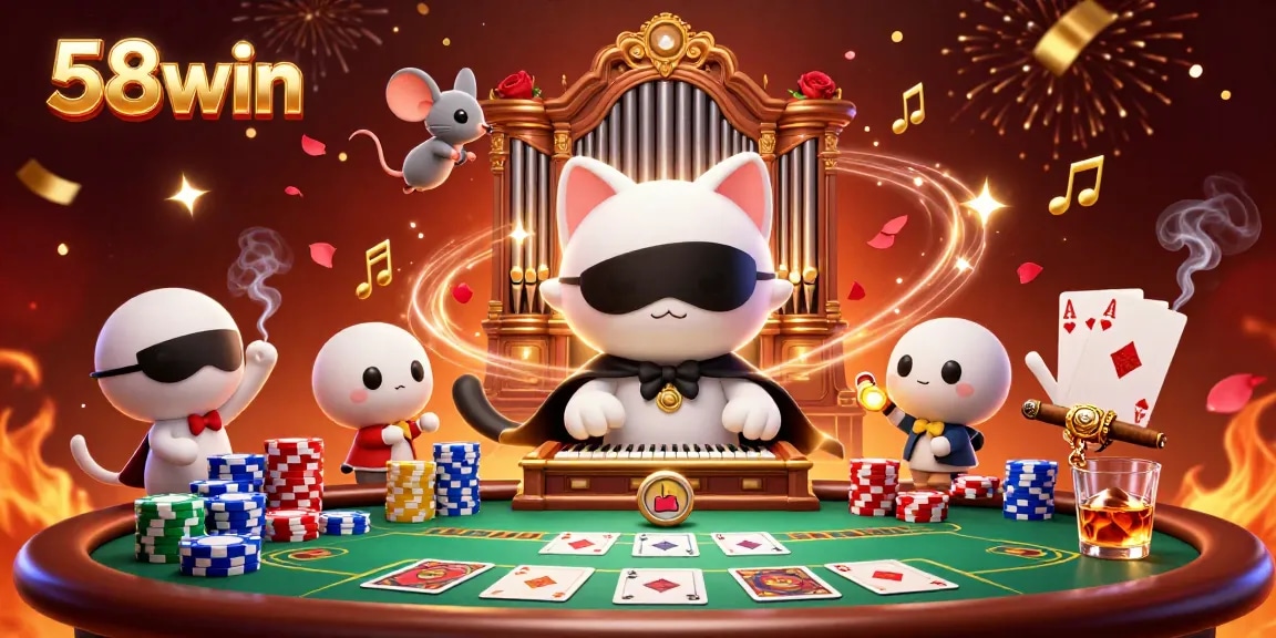 Experience thrilling gameplay with 58win as a white cat and mouse celebrate under shimmering lights.