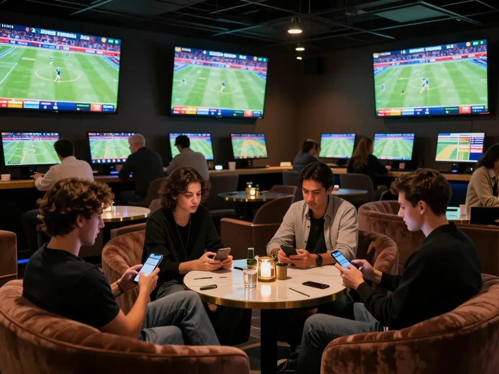 Patrons actively placing bets on sports using Nowgoal in a stylish betting lounge