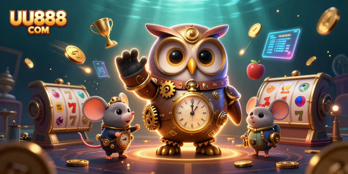 Experience thrilling slots with UU888 COM's 3D scene featuring a steampunk owl and vibrant casino elements