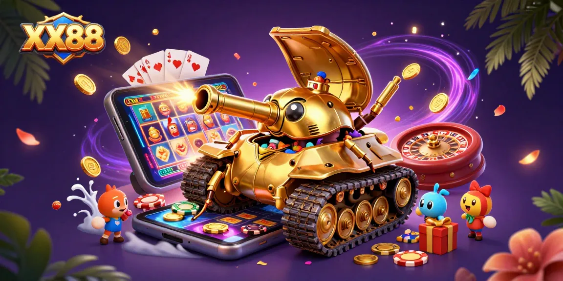 Engage with XX88’s vibrant casino experience featuring a golden beetle tank and slot games.