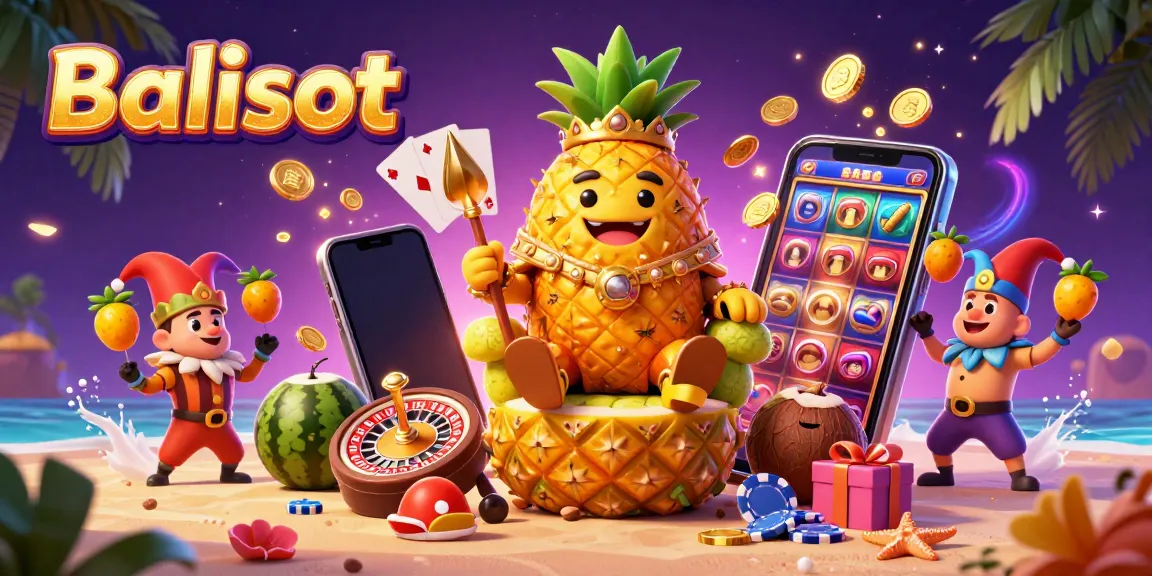 Balislot fun scene featuring a pineapple king and gaming elements like slots and poker chips.