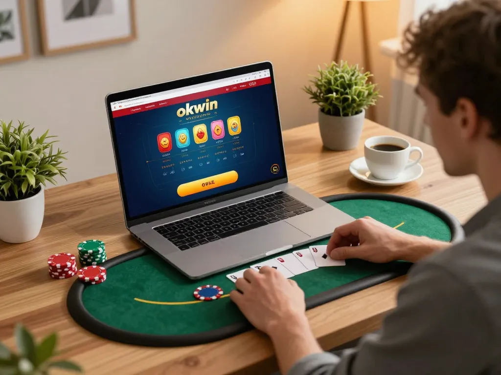 Player enjoying an engaging blackjack game on okwin while strategizing in a cozy home office.