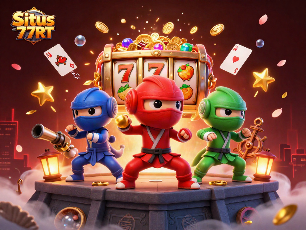 Situs 77RT showcases a ninja chameleon team amidst vibrant casino elements, enhancing the gaming experience.