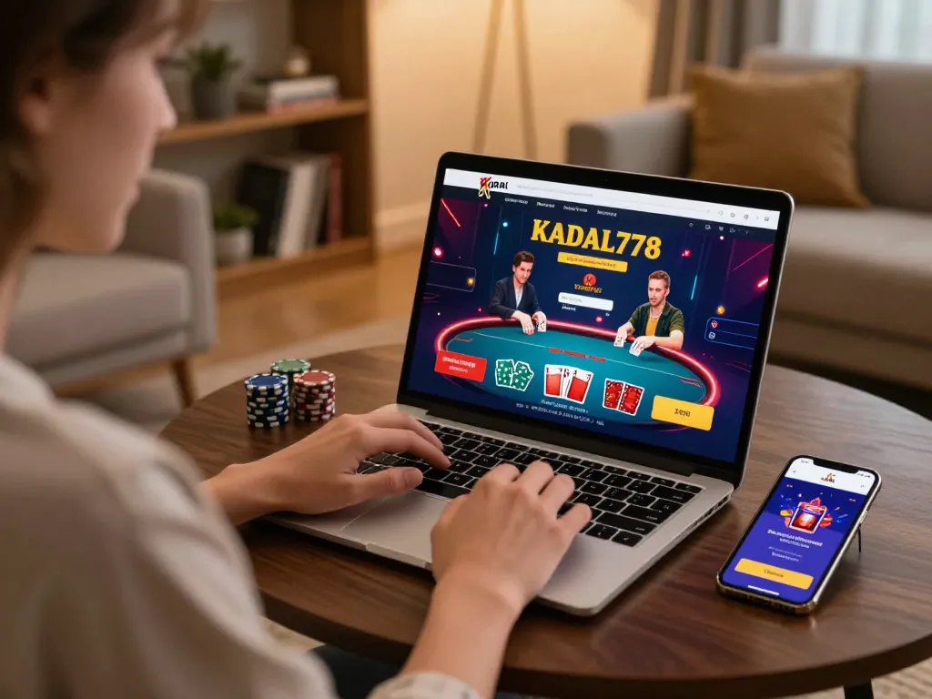 KADAL778 player enjoying immersive online poker game on stylish laptop in cozy home setting.
