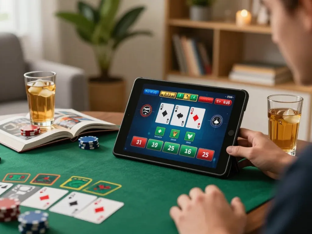 KADAL778 player enjoying a live dealer blackjack game on a tablet, strategic home setup.