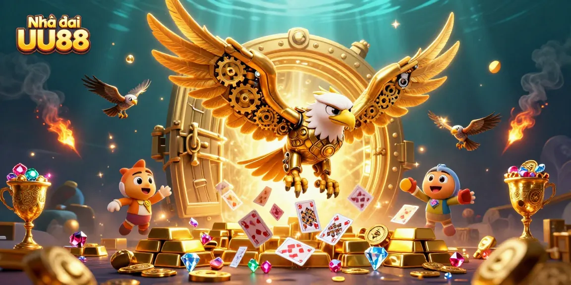 Engage with Nhà cái UU88 in an exciting 3D illustration featuring golden treasures and gaming elements.