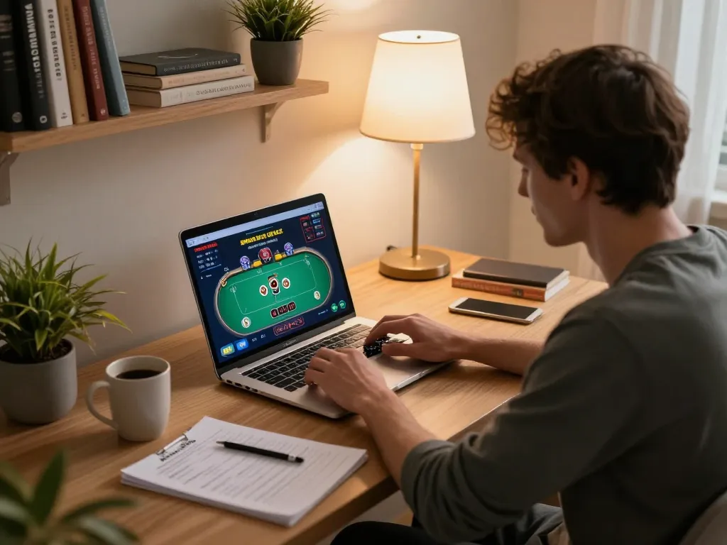 Player strategizing poker on lucks8 during an engaging home gaming session.