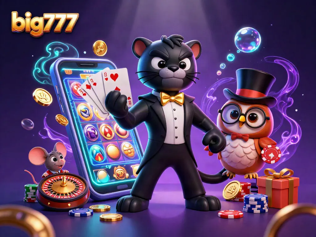 Play big777 slots with a stylish panther dealer, owl, and lucky mouse in an immersive casino scene.