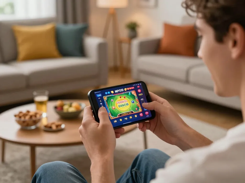 Player enjoying MPOID online gaming on smartphone with vibrant game interface and a cozy atmosphere