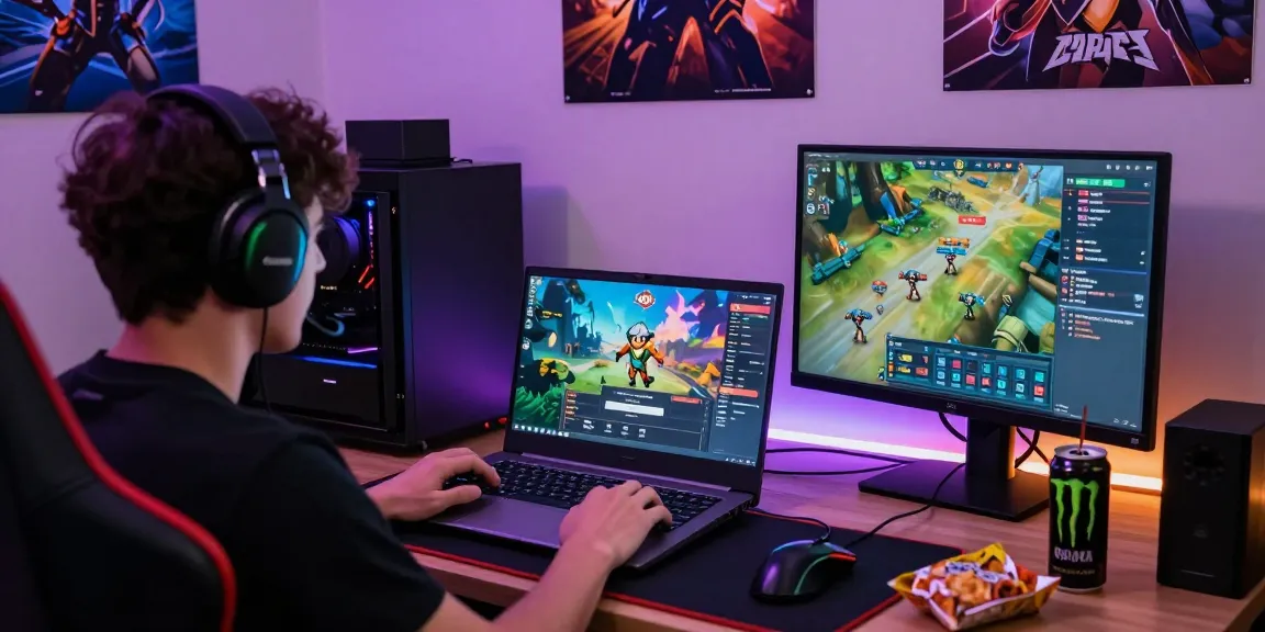 Raja Game login interface on a laptop screen with an enthusiastic gamer in a colorful gaming setup.