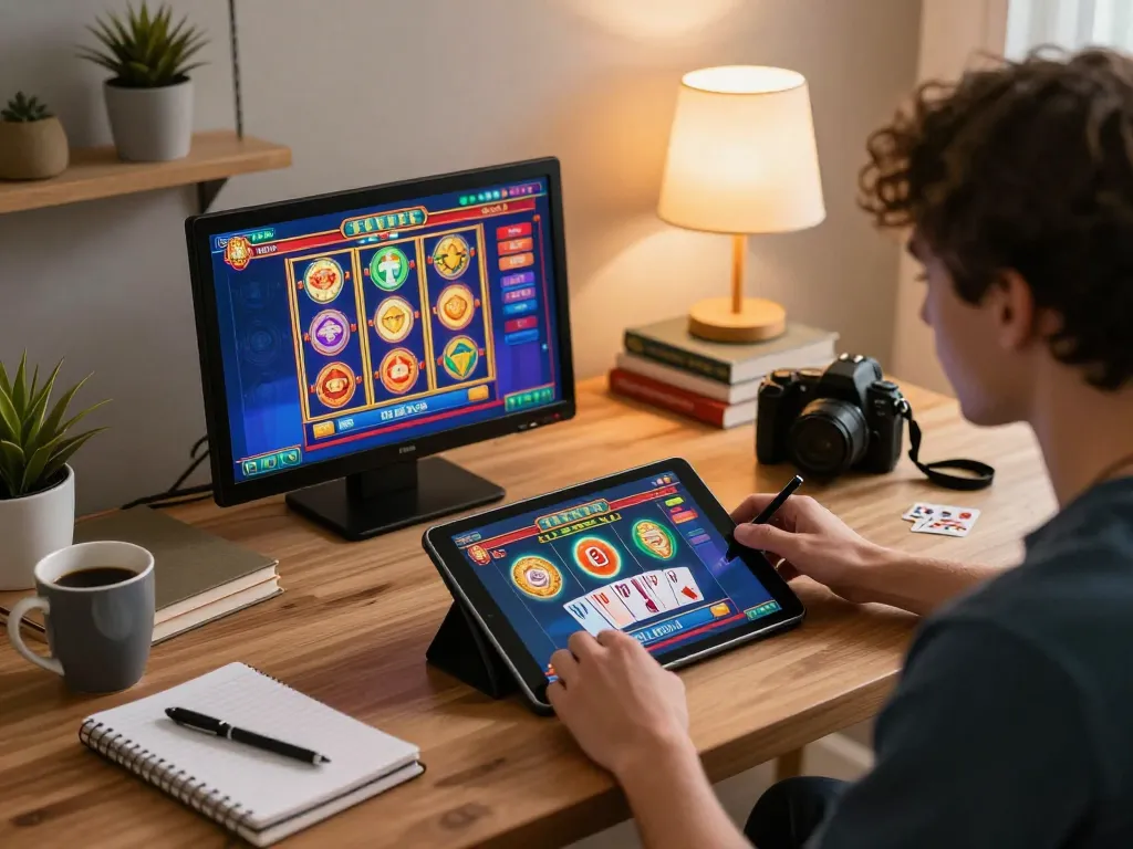 Engaging in online gaming on the trang chủ kuwin with vibrant visuals and cozy home atmosphere.