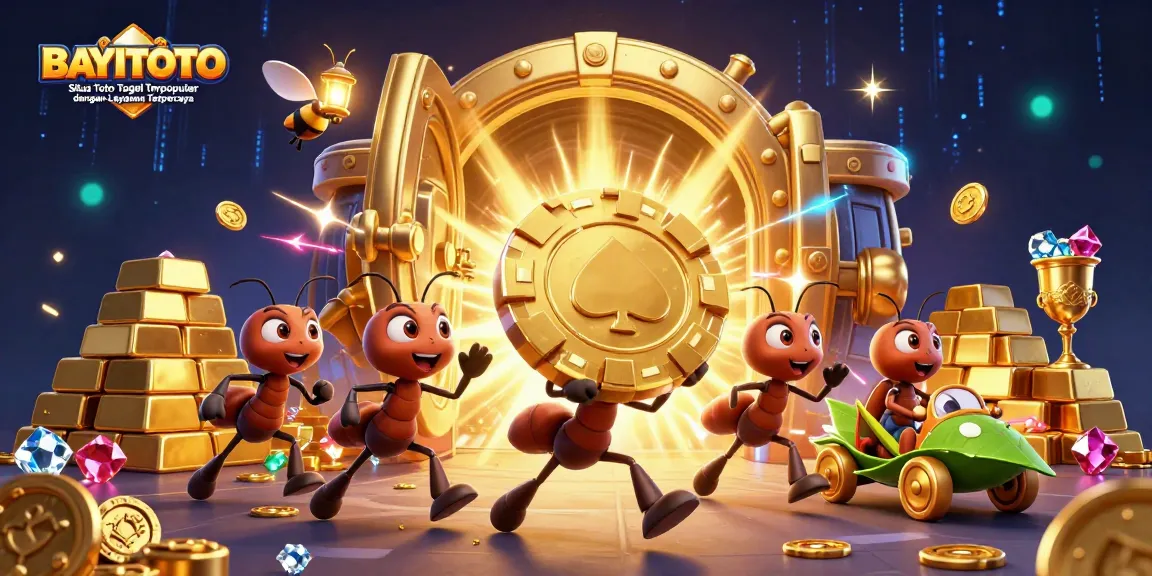 BAYITOTO Situs Toto Togel Terpopuler dengan Layanan Terpercaya, showcasing ants heisting a colossal poker chip with vibrant gambling treasures