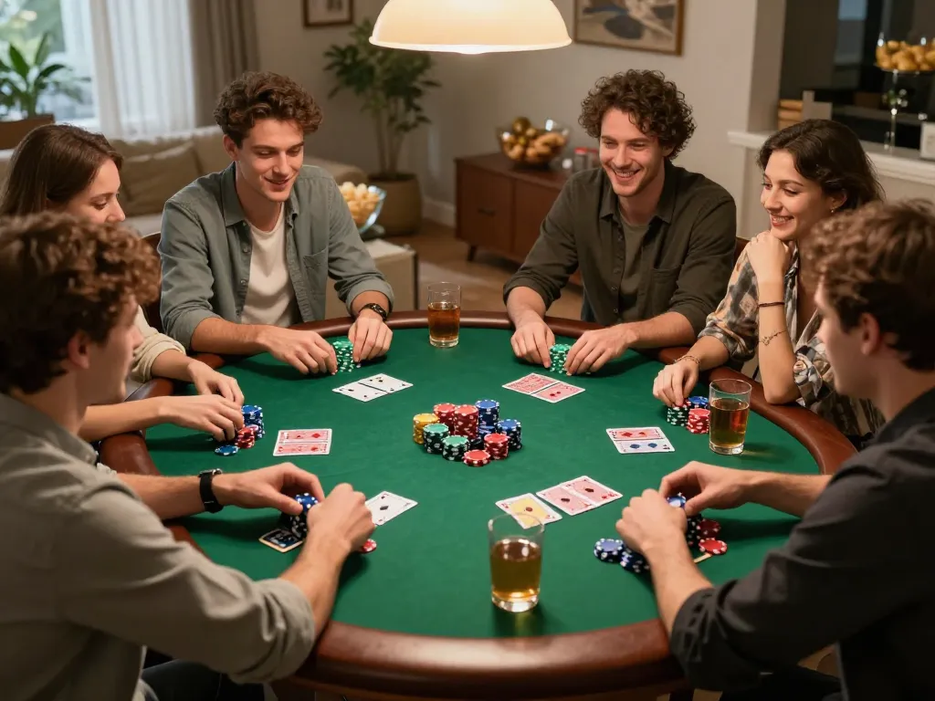 Friends enjoying a poker night at home with peri11, showcasing strategy and social interaction.