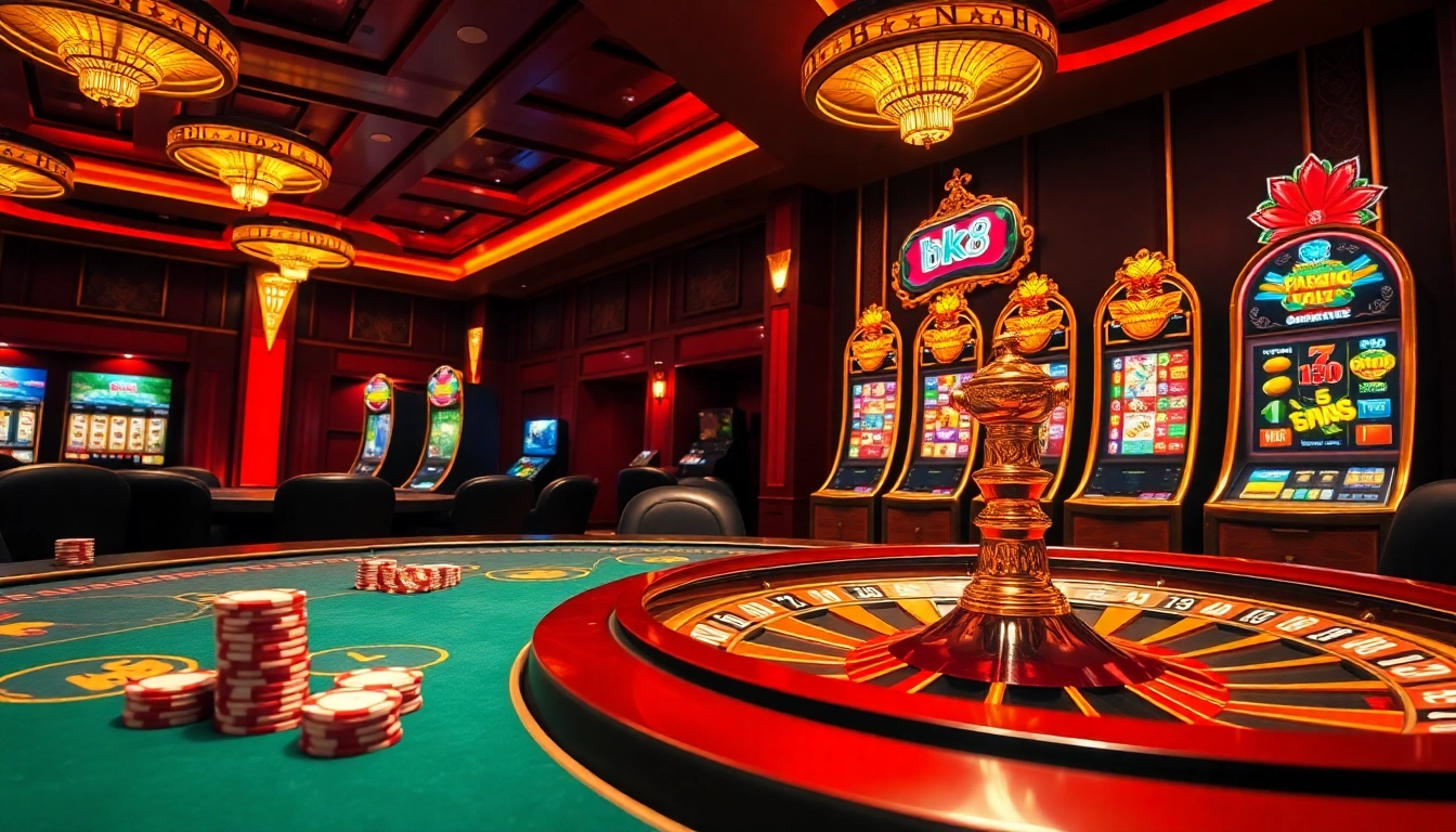 Experience the thrill of bk8 เครดิตฟรี at a vibrant casino with spinning roulette wheels and bright slot machines.