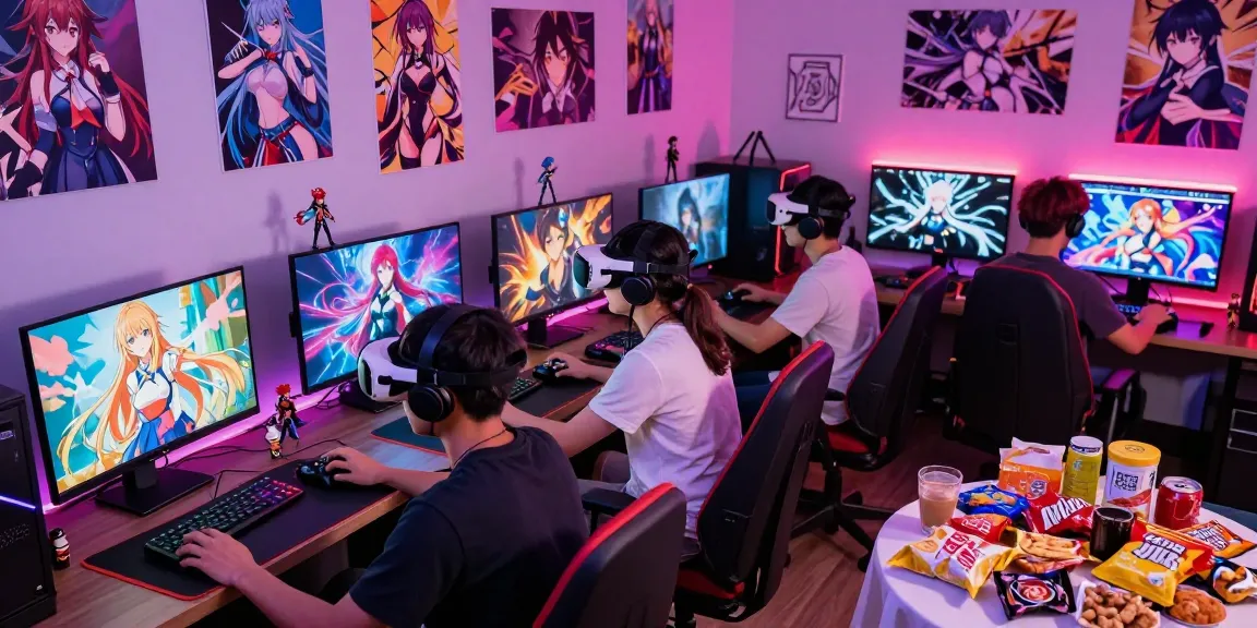 Gamers enjoying immersive hentai games in a vibrant gaming room atmosphere.