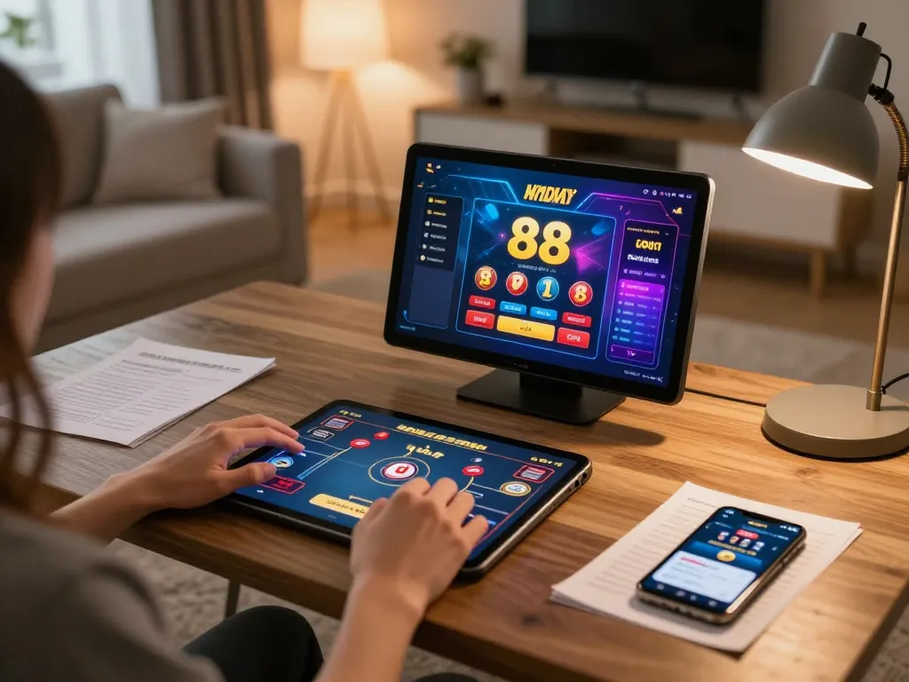 Engaging with open 88 casino games on a tablet in a cozy home setting