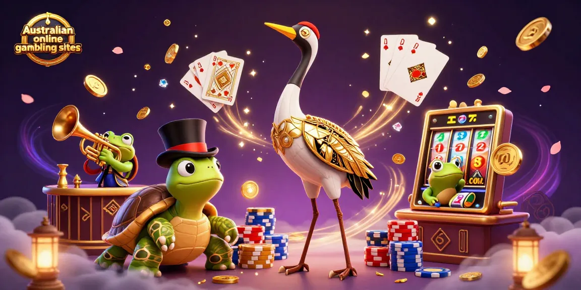 Engaging scene of Australian online gambling sites with a 3D crane, a top-hat turtle, and a trumpet frog amidst casino elements.