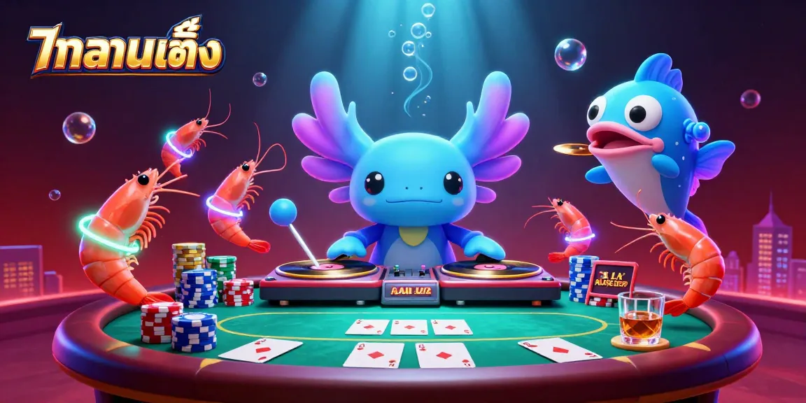 Experience แทงบอลเต็ง at a lively underwater casino with vibrant characters and poker elements.