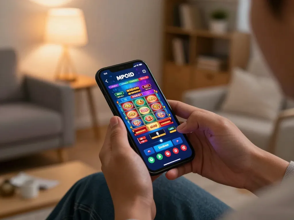 MPOID mobile gaming experience showcasing a player engaged with a casino app on smartphone.