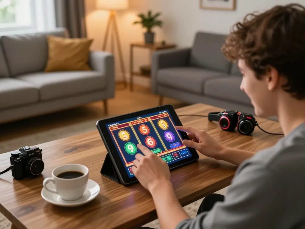 Online gaming at home with Nhà Cái FB88, a joyful player engaging in exhilarating slot games on a tablet.