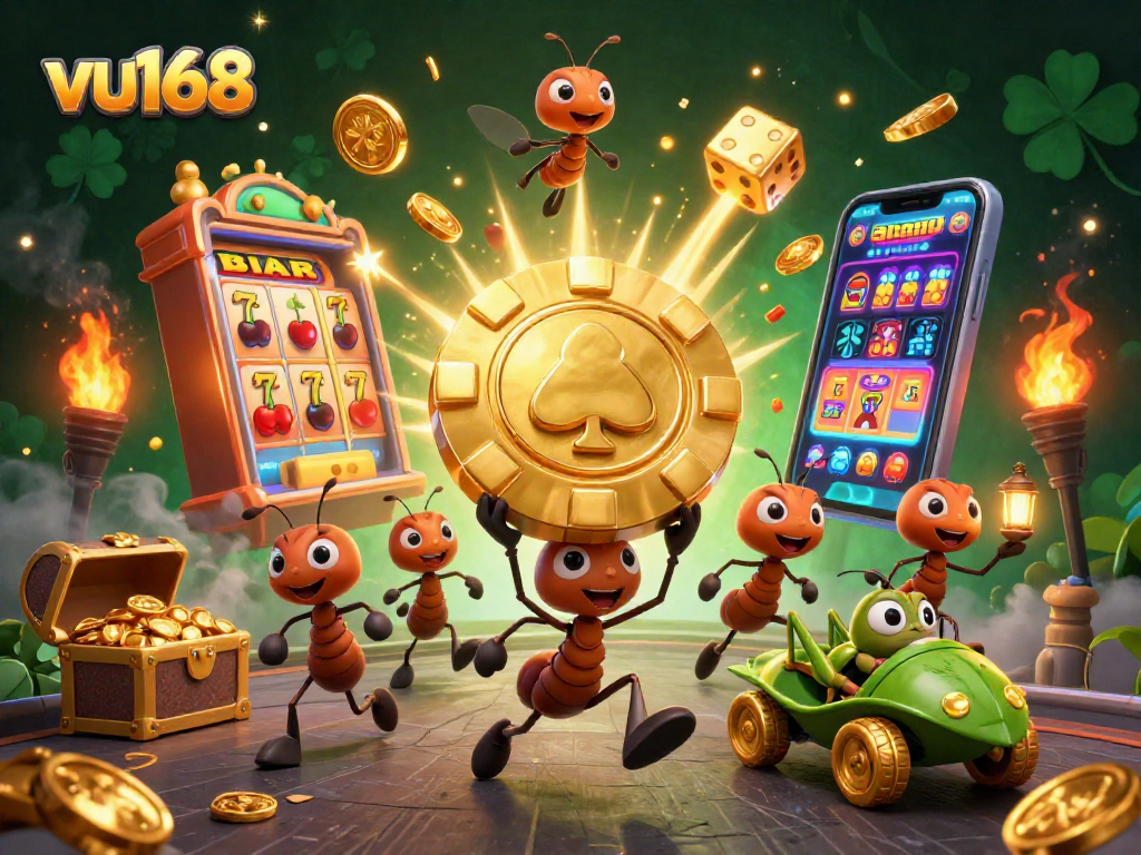 Follow the thrill with vu168: Ants on a heist carrying a giant poker chip, surrounded by casino excitement.