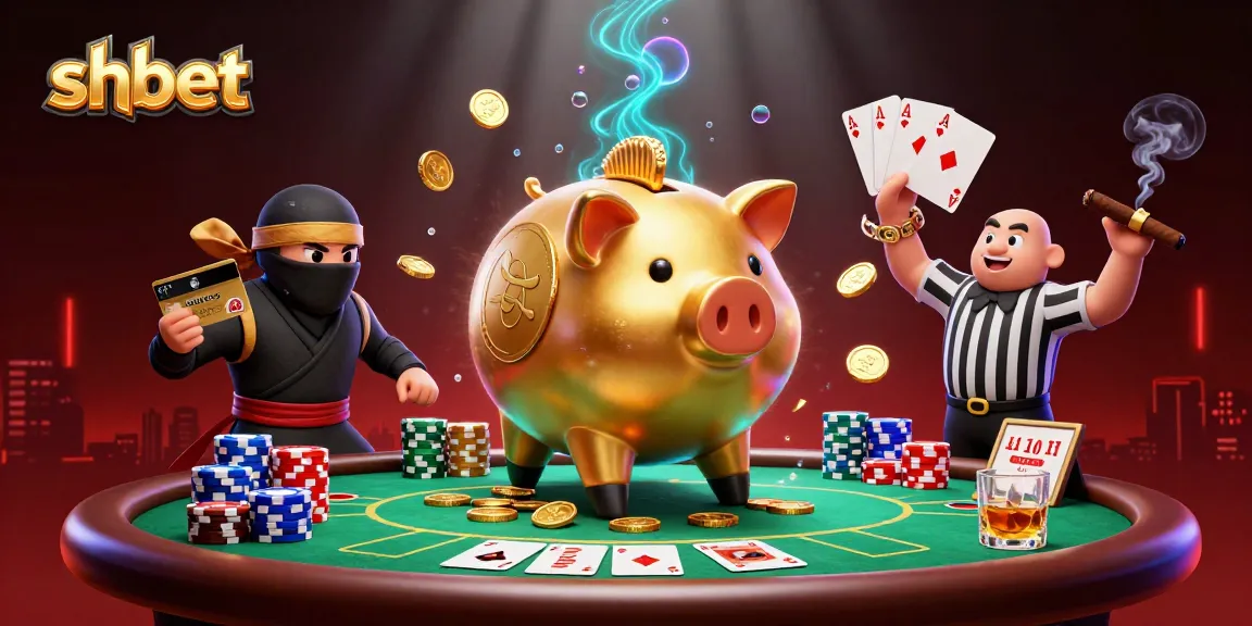 Engage with shbet in an action-packed casino scene featuring a piggy bank sumo wrestler amidst poker excitement.
