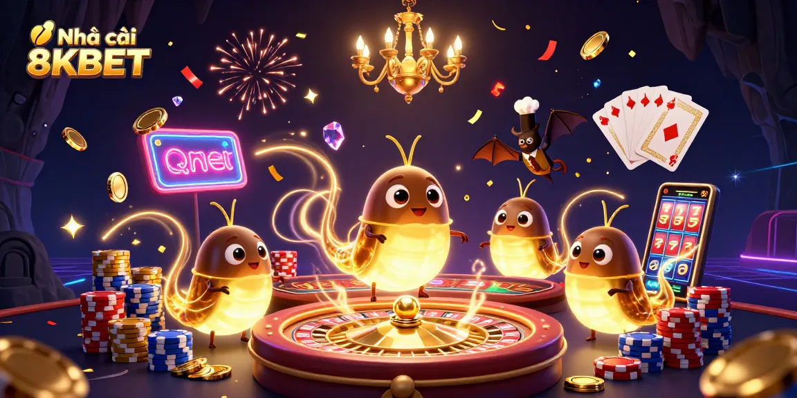 Engage with Nhà cái 8KBET in a vibrant virtual casino scene filled with glowworms, dazzling casino elements, and festive effects.