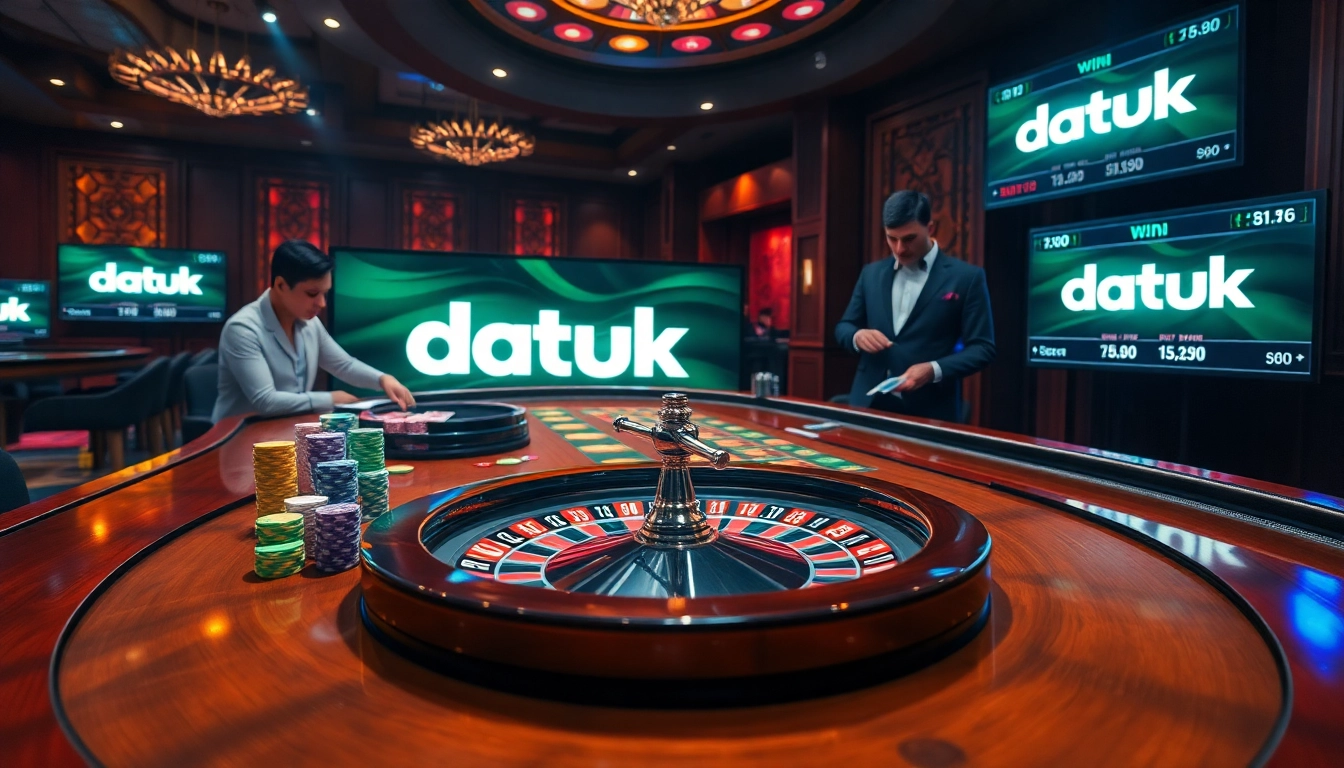 Penjudi merayakan kemenangan Datuk di meja kasino yang hidup dengan chip berwarna-warni dan roulette.