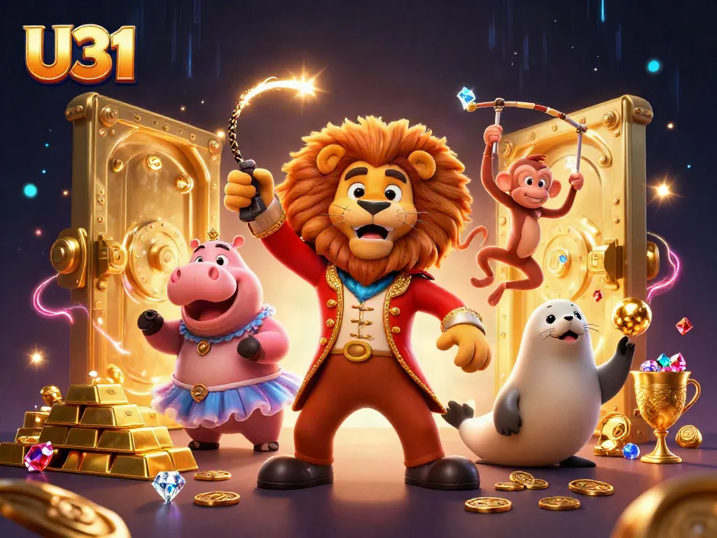 Spin and win big at U31 with vibrant casino fun featuring animated characters in a lively scene