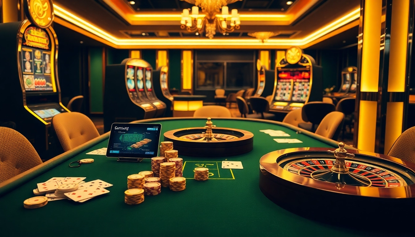 S8 branded casino vibe with poker chips, roulette, and modern gambling technology.