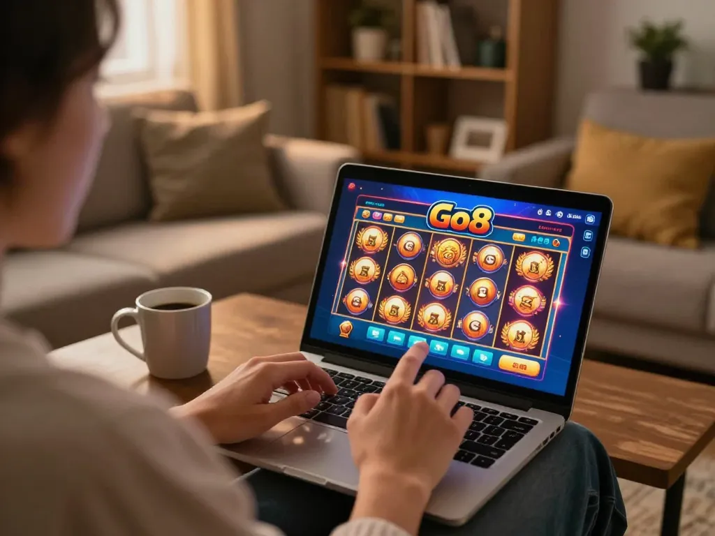 Player enjoying Go8 slot games on a mobile app in a cozy home setting.