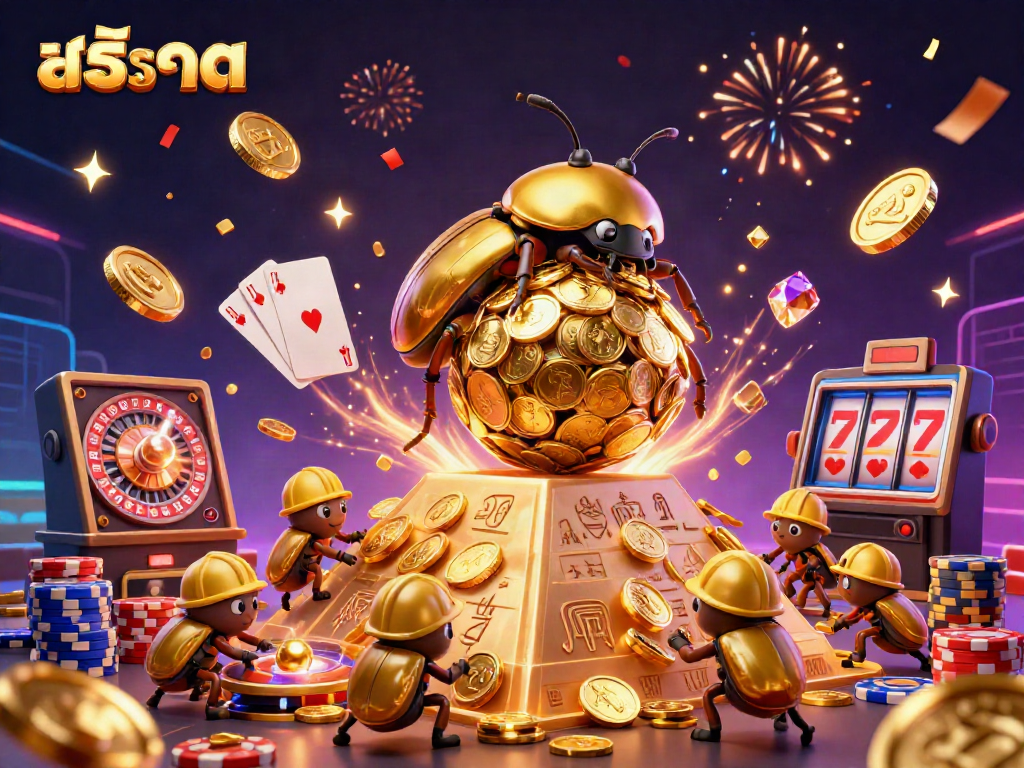 Experience the thrill of สล็อต with a dynamic scene showcasing an enormous golden beetle rolling coins amidst casino elements.