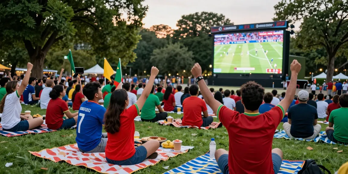 World Cup 2026 fans cheering in a vibrant park during a live match.