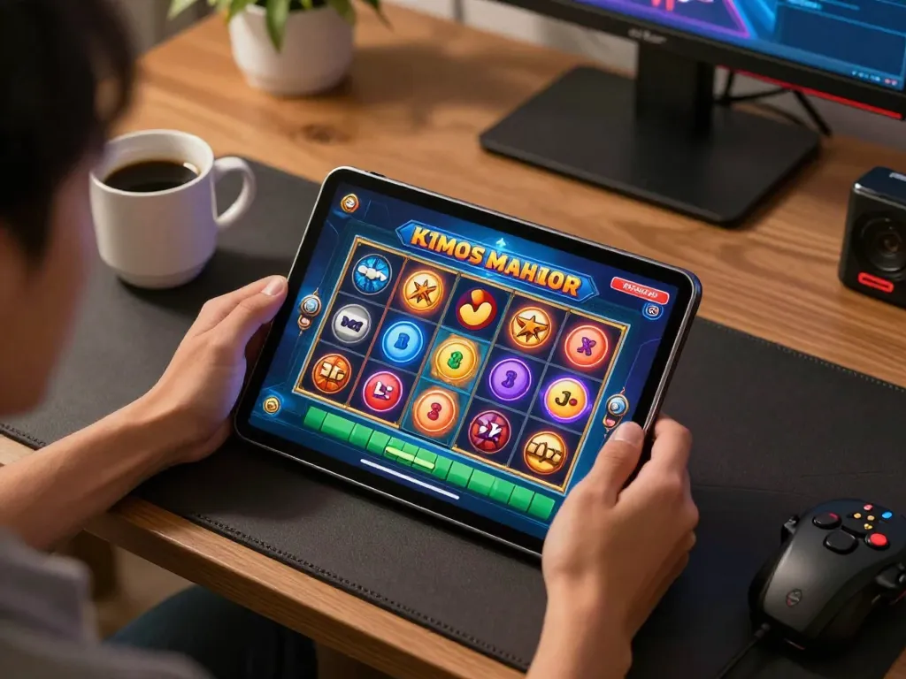 Engage with thrilling slot mahjong gameplay on a tablet, showcasing vibrant graphics and a cozy gaming setup.