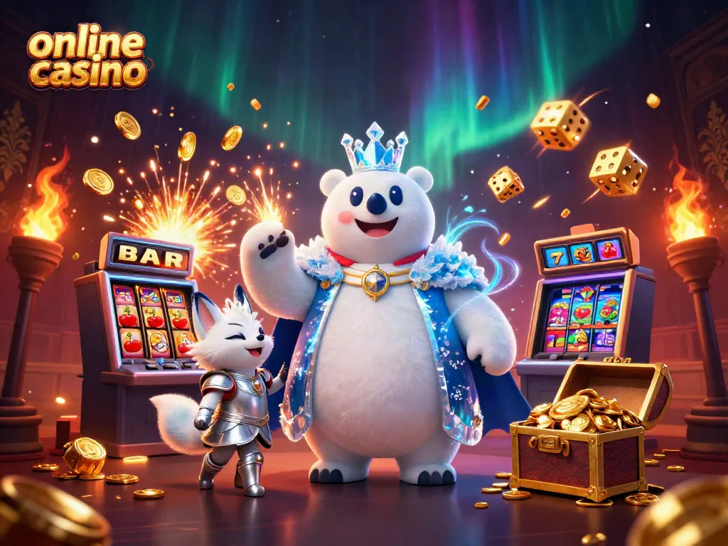 Experience the excitement of the online casino with a magical scene featuring a slot machine, characters, and dazzling effects.
