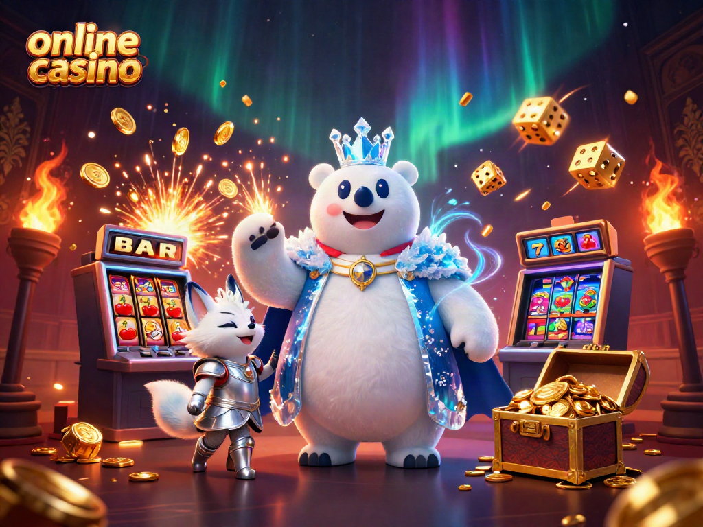 Experience the excitement of the online casino with a magical scene featuring a slot machine, characters, and dazzling effects.