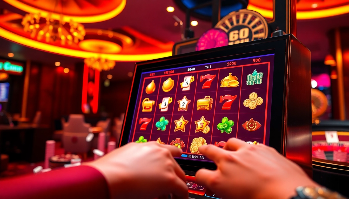 Engaging player spinning reels on vibrant game nổ hũ slot machine with jackpot symbols