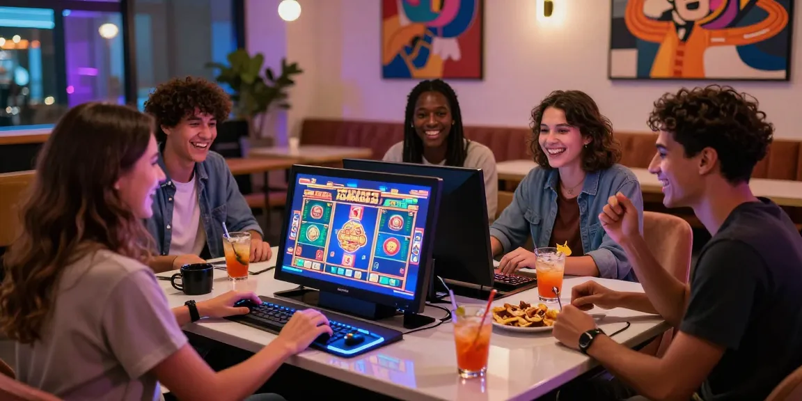 Friends enjoying a fun evening playing slot gacor games in a vibrant casino lounge atmosphere.