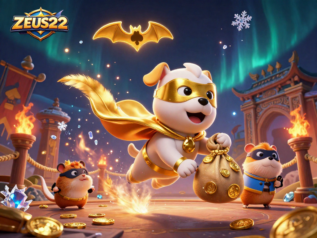 Experience exhilarating gaming adventures with ZEUS222 featuring a heroic dog soaring amidst vibrant casino elements.